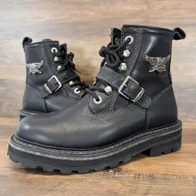 84147 Harley-davidson Womens Size 6.5 Black Leather Zip And Buckle Motorcycle