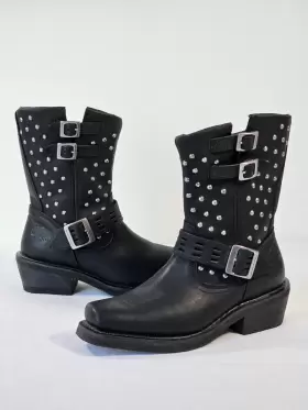 D83714 Harley-davidson Black Leather Studded Zip Buckle Boots Womens Size 7 M