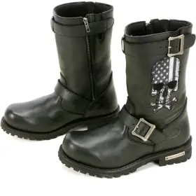 Btm1018-9.5 Hot Leathers Black Tall Harness Flag Skull Boots With Round Toe Mens Size 9 1/2