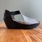 40 / 9.5 - Fly London Black Silver Perforation Open Toe Wedge Shoes New 1111KF. Price: $65.45.
